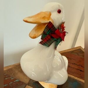 Ceramic Duck Figurine with Plaid Bow Christmas Goose